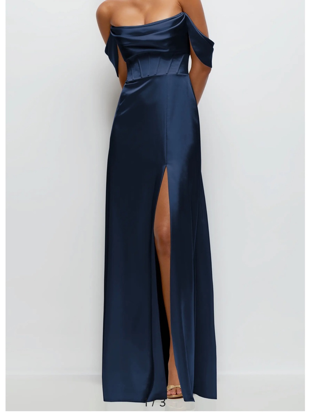 After Six Navy Off-Shoulder Satin Gown with Front Slit